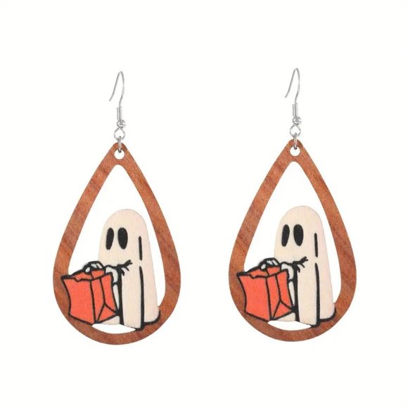 Halloween Earrings Jewelry - Ghost Wood Earrings Halloween Trick or Treat Dangle Tear Drop Costume Party